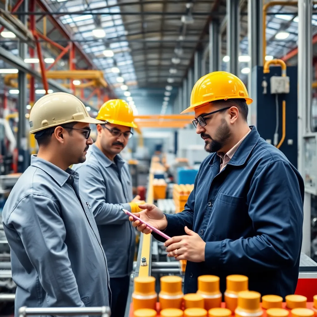 Modern Türk imalat tesisinde çalışanlar ve yöneticiler iyileştirilmiş üretim hattını inceliyor